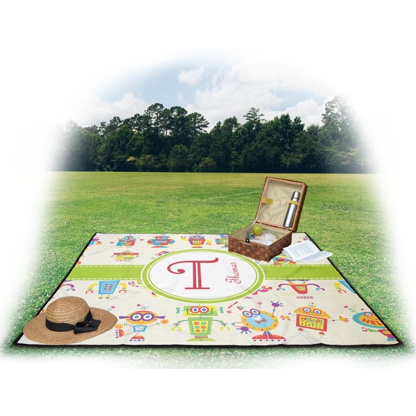 Rocking Robots Picnic Blanket - with Basket Hat and Book - in Use