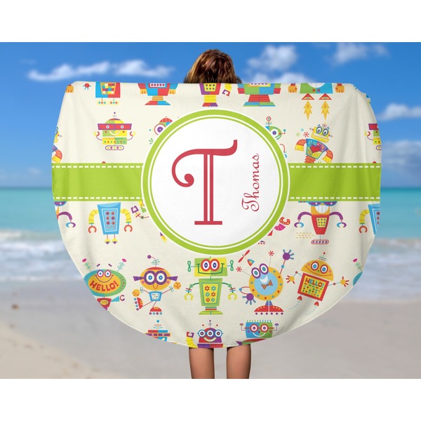 Rocking Robots Round Beach Towel - In Use