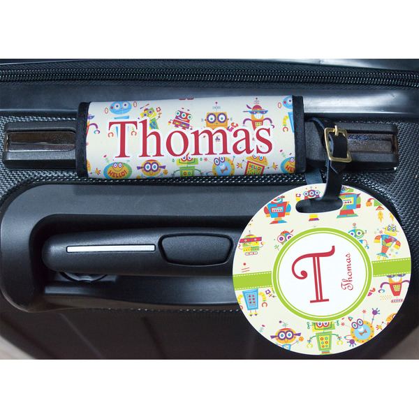 Rocking Robots Round Luggage Tag & Handle Wrap - In Context