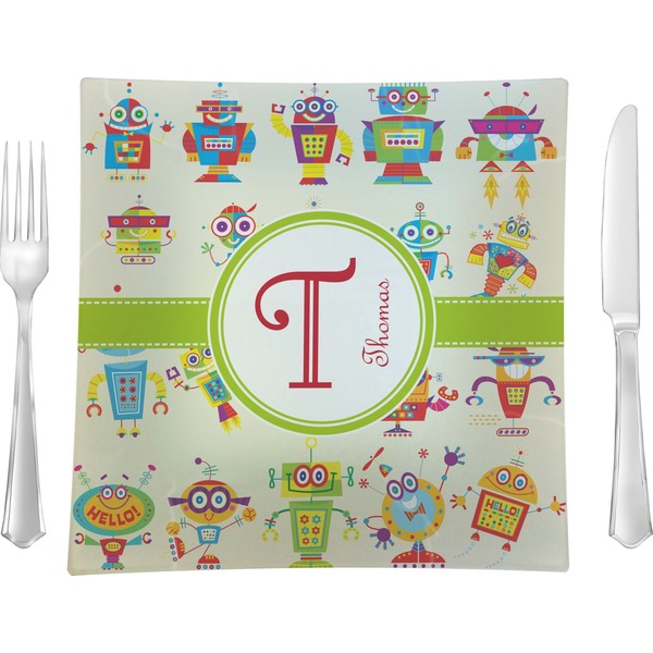 Custom Rocking Robots 9.5" Glass Square Lunch / Dinner Plate- Single or Set of 4 (Personalized)