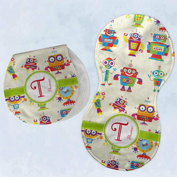 Custom Rocking Robots Burp Pads - Velour - Set of 2 w/ Name and Initial