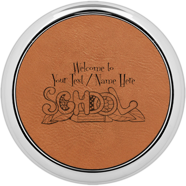 Custom Welcome to School Set of 4 Leatherette Round Coasters w/ Silver Edge (Personalized)