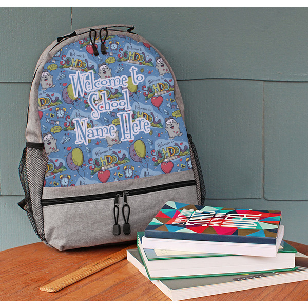 Welcome to School Large Backpack - Gray - On Desk