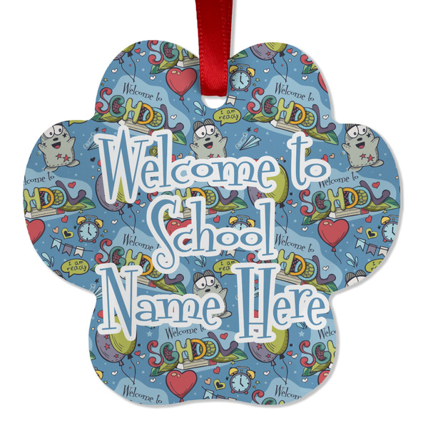 Custom Welcome to School Metal Paw Ornament - Double Sided w/ Name or Text