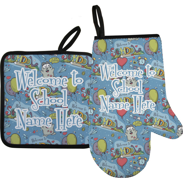 Custom Welcome to School Oven Mitt & Pot Holder Set w/ Name or Text
