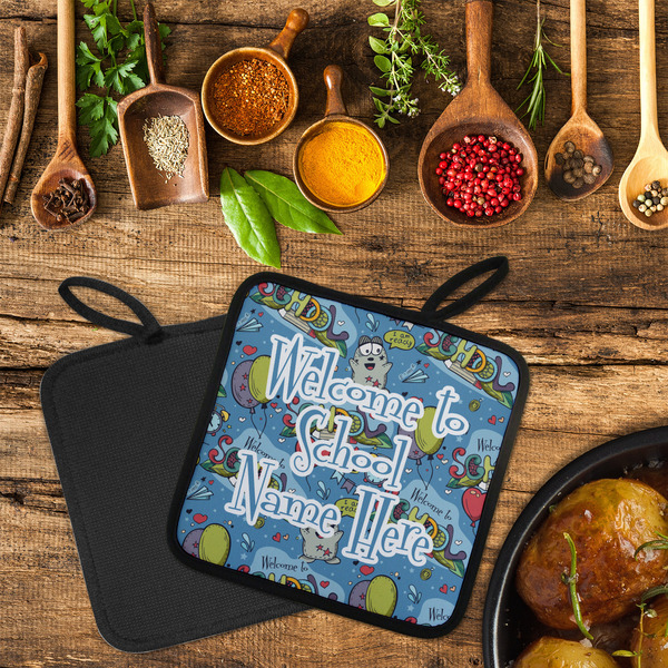 Welcome to School Neoprene Pot Holder - Set of 2  LIFESTYLE (Flatlay)