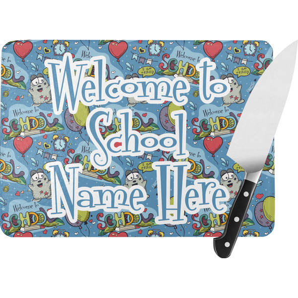 Custom Welcome to School Rectangular Glass Cutting Board - Large - 15.25"x11.25" w/ Name or Text