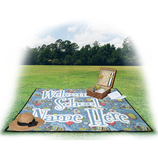 Welcome to School Picnic Blanket - with Basket Hat and Book - in Use