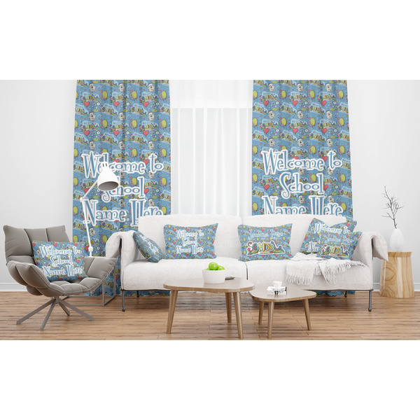 Welcome to School Sheer and Custom Curtains in Room with Matching Pillows