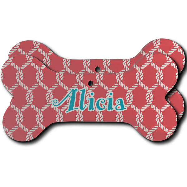 Custom Linked Rope Ceramic Dog Ornament - Front & Back w/ Name and Initial