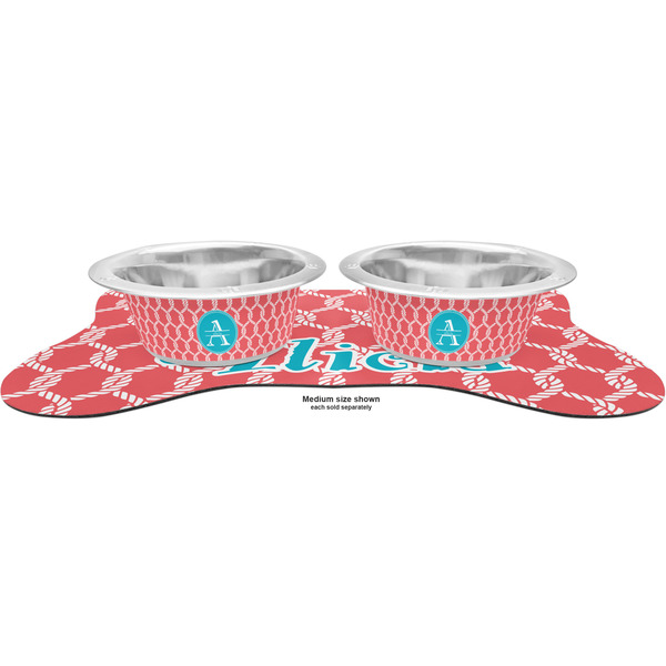 Linked Rope Metal Pet Bowls - On Dog Bone Shaped Mat
