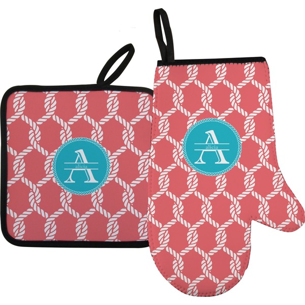 Custom Linked Rope Right Oven Mitt & Pot Holder Set w/ Name and Initial