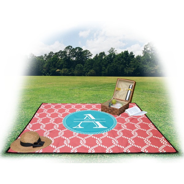 Linked Rope Picnic Blanket - with Basket Hat and Book - in Use