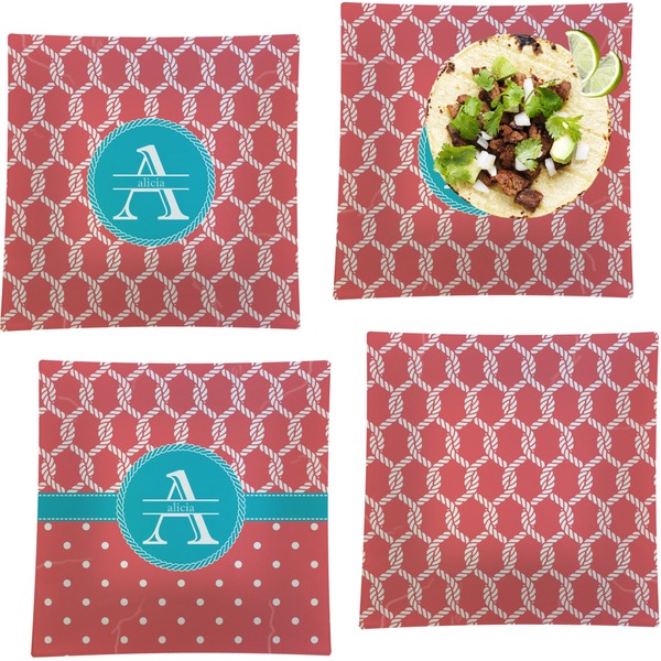 Custom Linked Rope Set of 4 Glass Square Lunch / Dinner Plate 9.5" (Personalized)