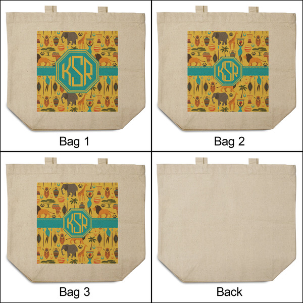 African Safari 3 Reusable Cotton Grocery Bags - Front & Back View