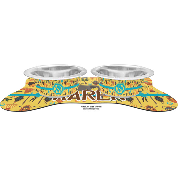 African Safari Metal Pet Bowls - On Dog Bone Shaped Mat