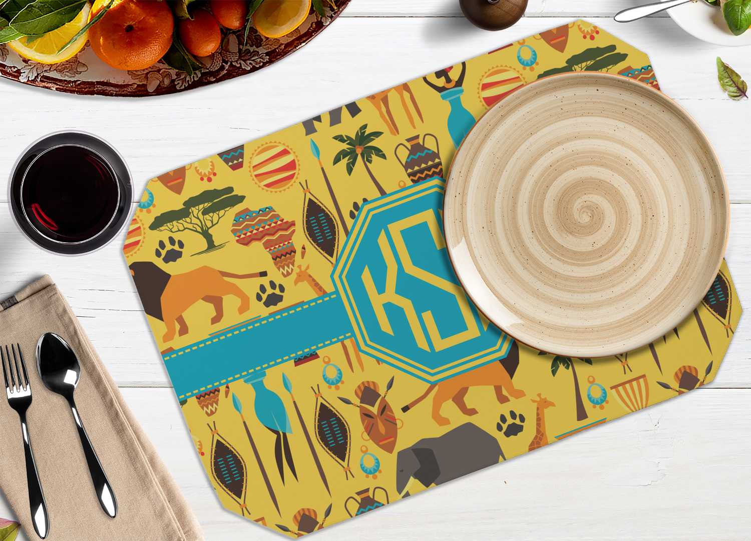 Custom African Safari Dining Table Mat Octagon w/ Monogram