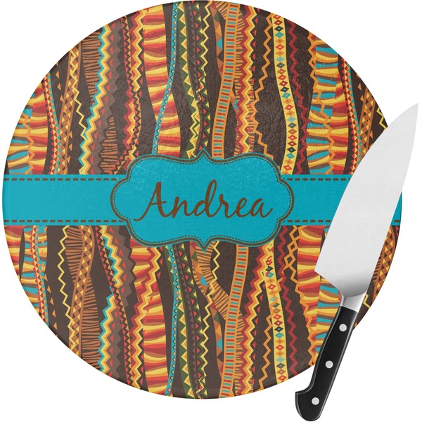 Custom Tribal Ribbons Round Glass Cutting Board - Medium (Personalized)