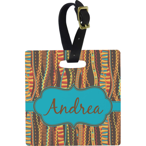 Custom Tribal Ribbons Plastic Luggage Tag - Square w/ Name or Text