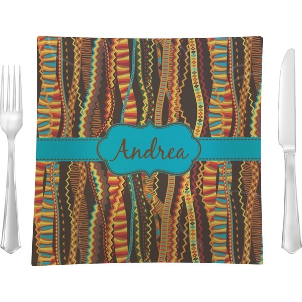 Custom Tribal Ribbons 9.5" Glass Square Lunch / Dinner Plate- Single or Set of 4 (Personalized)