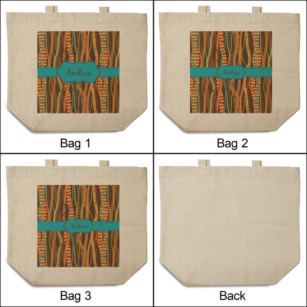 Tribal Ribbons 3 Reusable Cotton Grocery Bags - Front & Back View