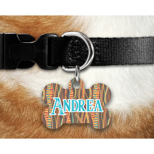 Tribal Ribbons Bone Shaped Dog Tag on Collar & Dog
