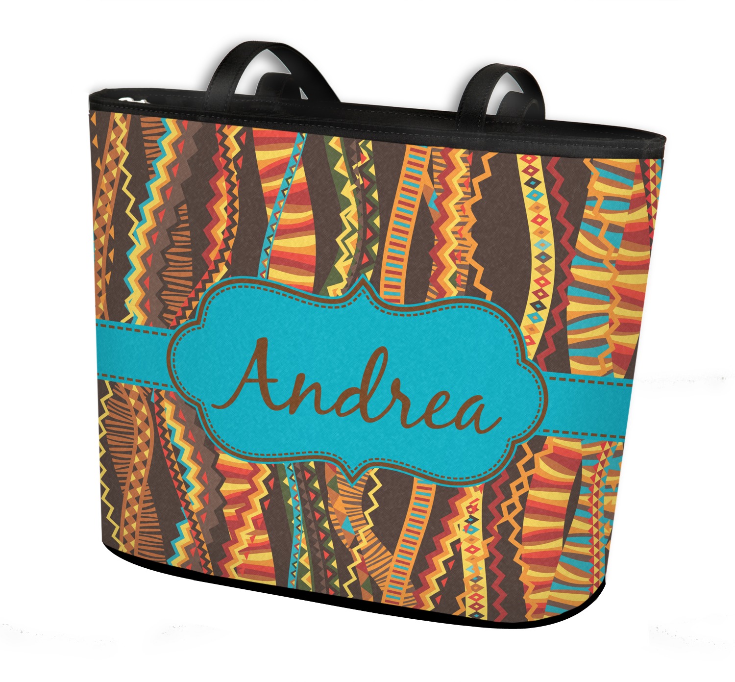 Tribal Ribbons Bucket Tote w/ Genuine Leather Trim Regular w/ Front