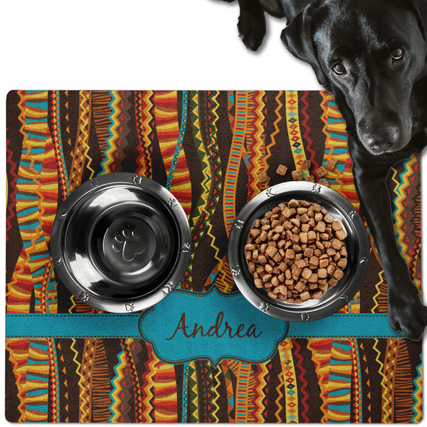 Custom Tribal Ribbons Dog Food Mat - Large w/ Name or Text