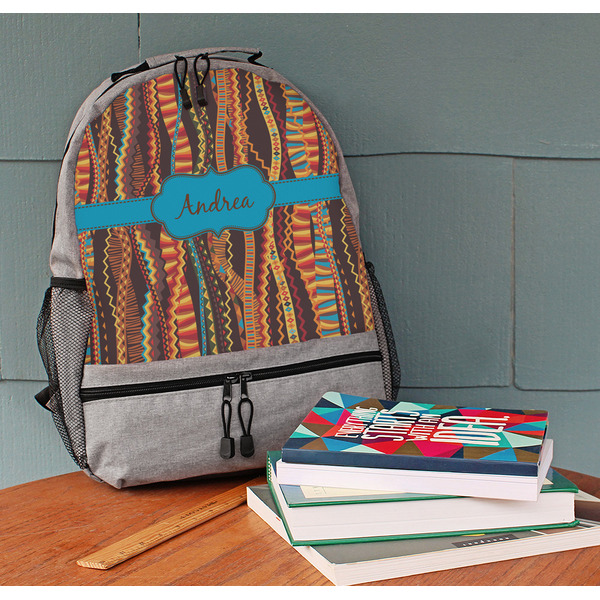Tribal Ribbons Large Backpack - Gray - On Desk