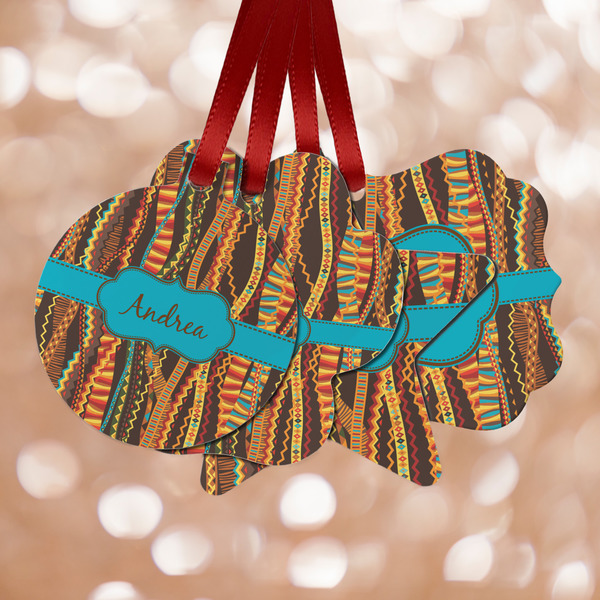 Custom Tribal Ribbons Metal Ornaments - Double Sided w/ Name or Text