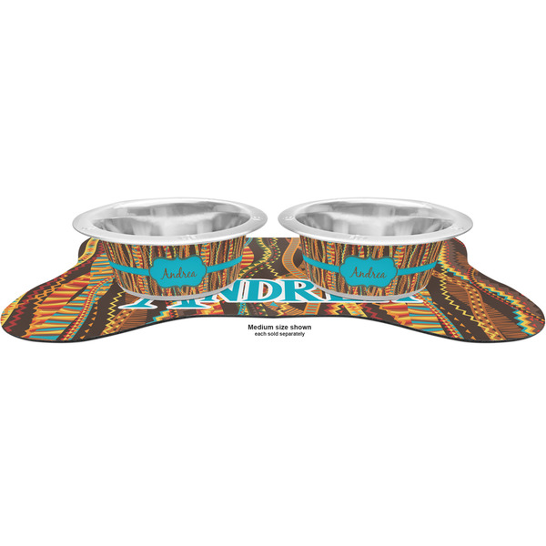 Tribal Ribbons Metal Pet Bowls - On Dog Bone Shaped Mat