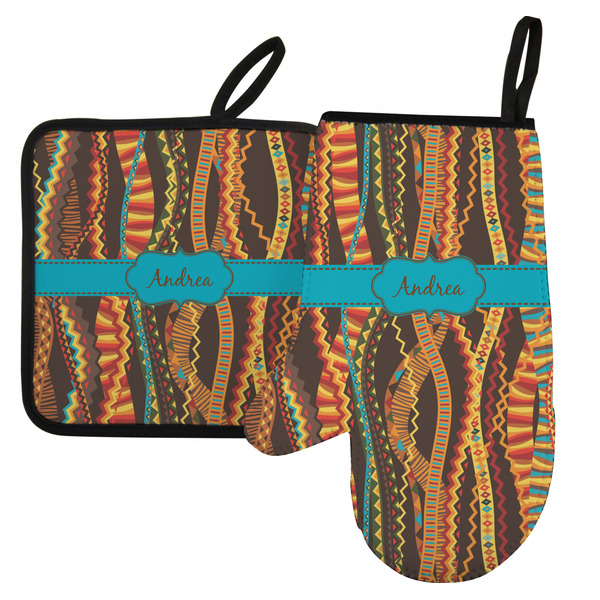 Custom Tribal Ribbons Left Oven Mitt & Pot Holder Set w/ Name or Text