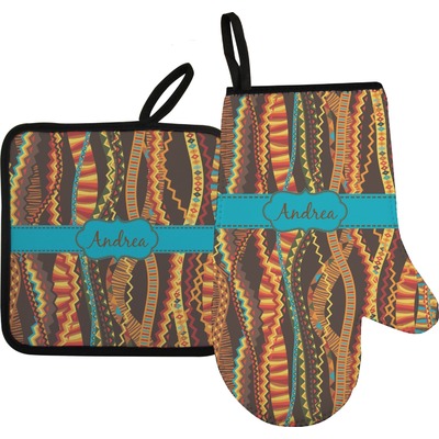 Tribal Ribbons Right Oven Mitt & Pot Holder Set w/ Name or Text