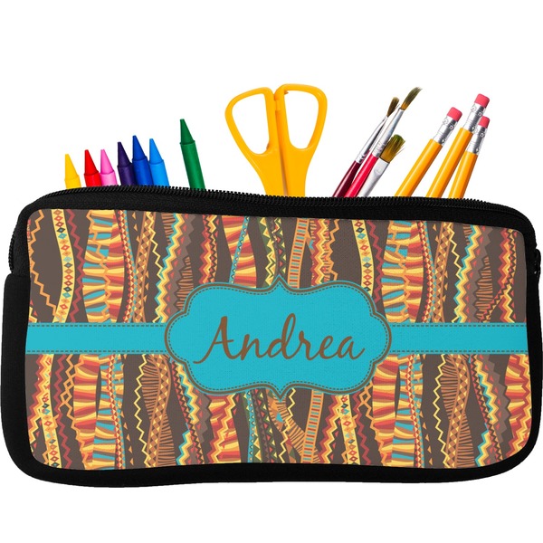 Custom Tribal Ribbons Neoprene Pencil Case - Small w/ Name or Text