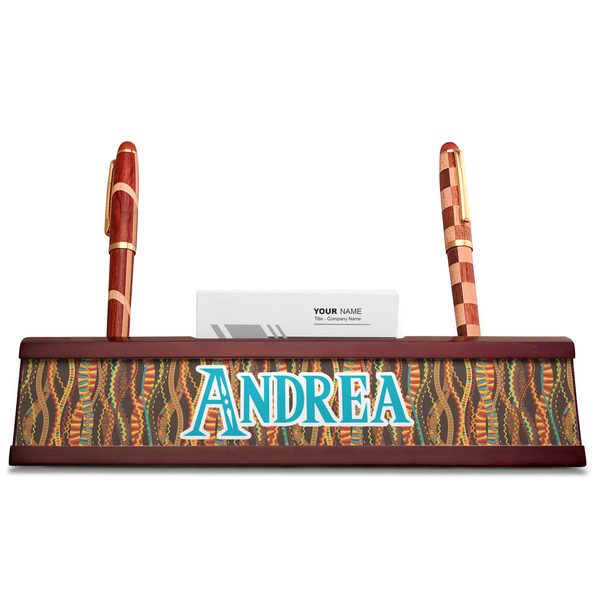 Tribal Ribbons Red Mahogany Nameplates with Business Card Holder - Straight
