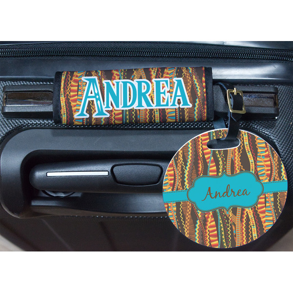 Tribal Ribbons Round Luggage Tag & Handle Wrap - In Context