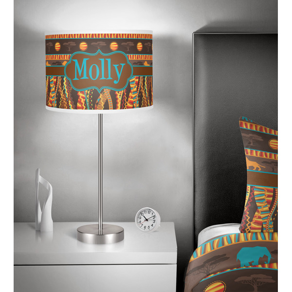 African Lions & Elephants 13 inch drum lamp shade - in room
