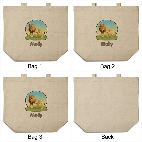 African Lions & Elephants 3 Reusable Cotton Grocery Bags - Front & Back View