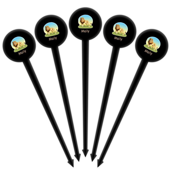 African Lions & Elephants Black Plastic 4" Food Pick - Round - Fan View