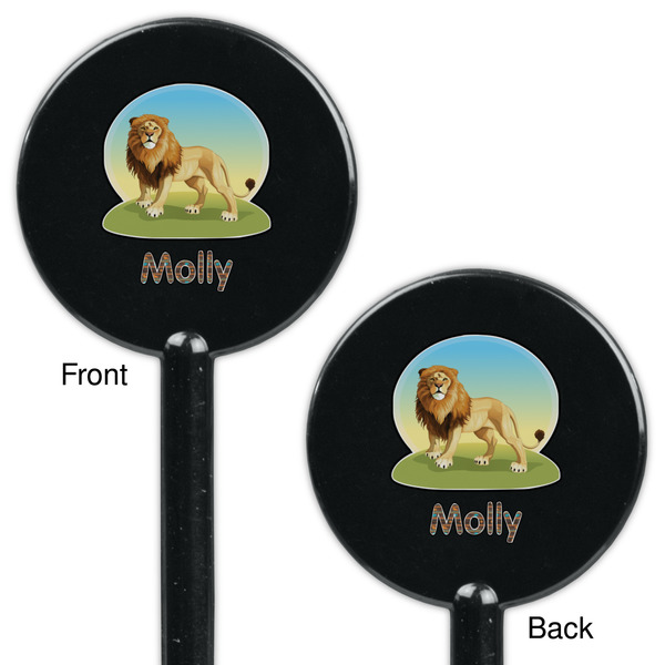 African Lions & Elephants Black Plastic 5.5" Stir Stick - Double Sided - Round - Front & Back