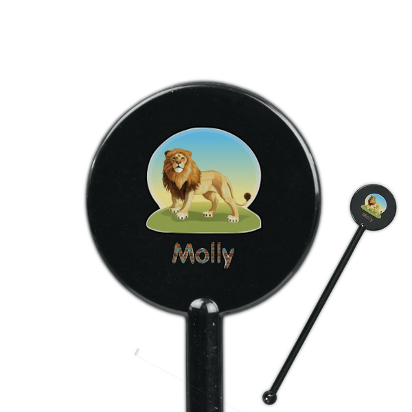 Custom African Lions & Elephants 5.5" Round Plastic Stir Sticks - Black - Single Sided (Personalized)