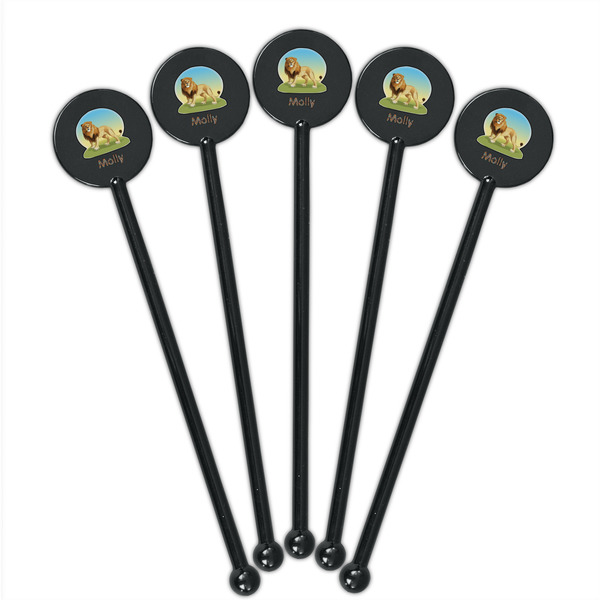 African Lions & Elephants Black Plastic 5.5" Stir Stick - Round - Fan View