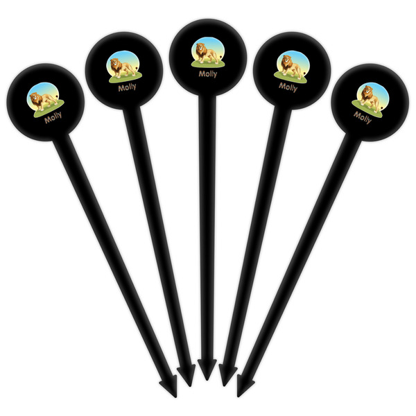 African Lions & Elephants Black Plastic 6" Food Pick - Round - Fan View