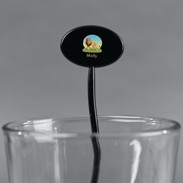 African Lions & Elephants Black Plastic 7" Stir Stick - Oval - Main