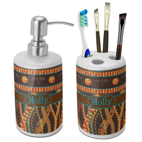 Custom African Lions & Elephants Ceramic Bathroom Accessories Set (Personalized)