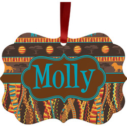 African Lions & Elephants Metal Frame Ornament - Double Sided w/ Name or Text