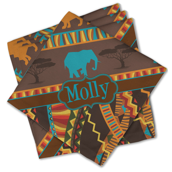 Custom African Lions & Elephants Cloth Cocktail Napkins - Set of 4 w/ Name or Text