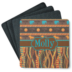 African Lions & Elephants Square Rubber Backed Coasters - Set of 4 (Personalized)
