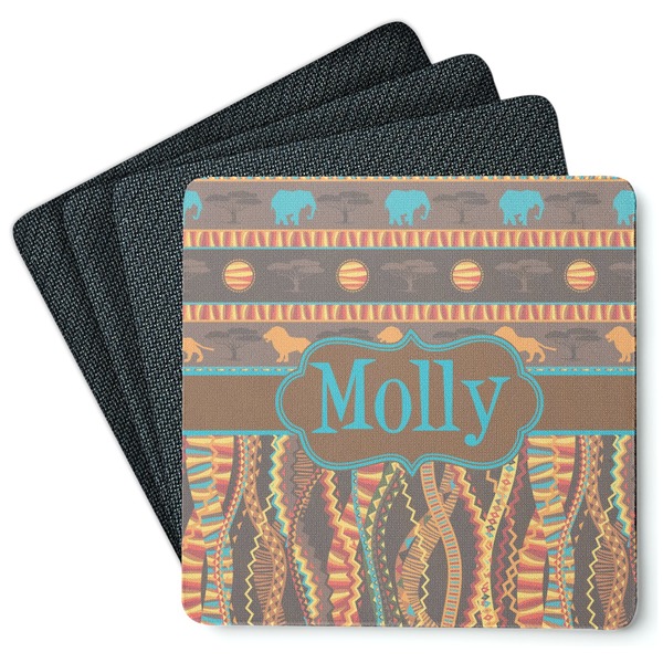 Custom African Lions & Elephants Square Rubber Backed Coasters - Set of 4 (Personalized)