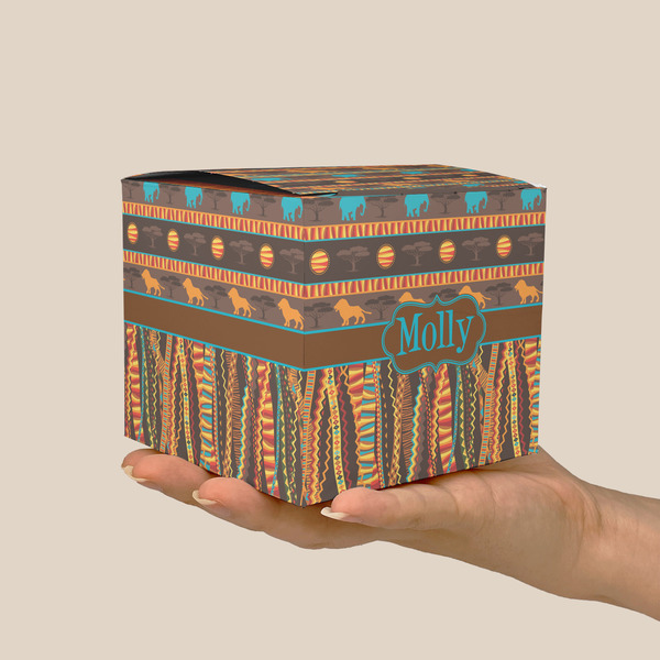 African Lions & Elephants Cube Favor Gift Box - On Hand - Scale View